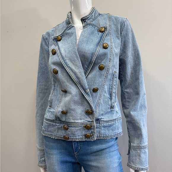 Free People Double-Breasted Military Moto Light Blue Denim Jean Jacket Band - Picture 1 of 9